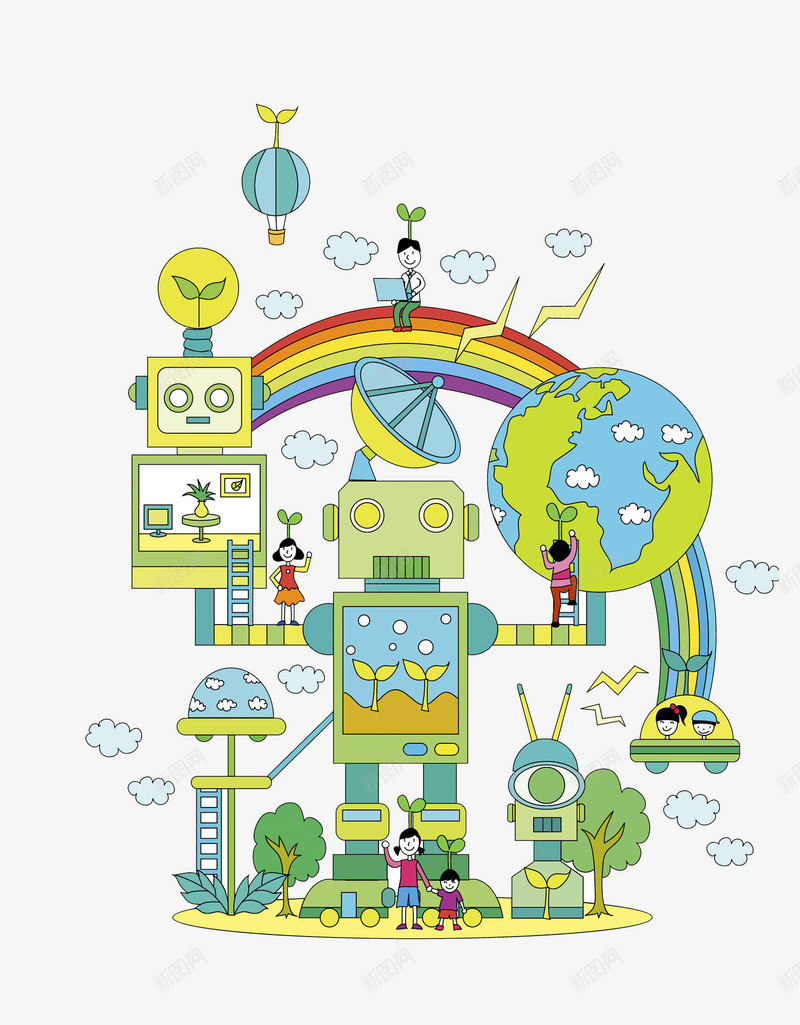 万能机器人png免抠素材_88icon https://88icon.com 云朵 卡通 地球 彩虹 手绘 机器人 电磁波 讯号 飞船