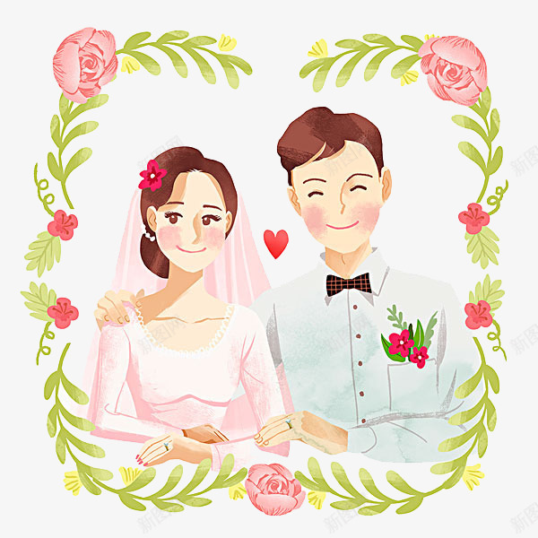 卡通结婚的男女png免抠素材_88icon https://88icon.com 免抠新人 卡通 树叶花环装饰 爱心装饰 粉色的花朵 结婚的男女