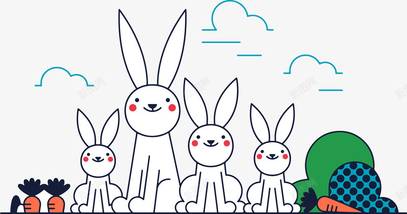 兔子一家png免抠素材_88icon https://88icon.com 丛林 兔子简笔画 全家照 卡通 可爱 白云 胡萝卜