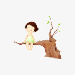 坐在树枝上的小女孩素材