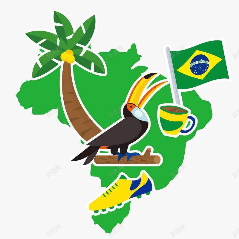 卡通巴西地图矢量图ai免抠素材_88icon https://88icon.com 位置 咖啡 国旗 地图 巴西 椰子树 欧美 欧美地图 球鞋 球鞋海报 矢量图 鸟