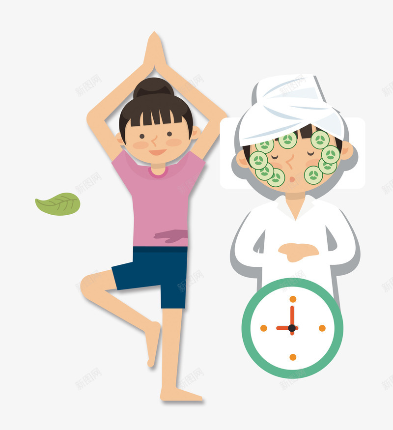 减肥美颜psd免抠素材_88icon https://88icon.com 做体操 减肥 敷脸 时钟 绿叶 美容美颜 钟表