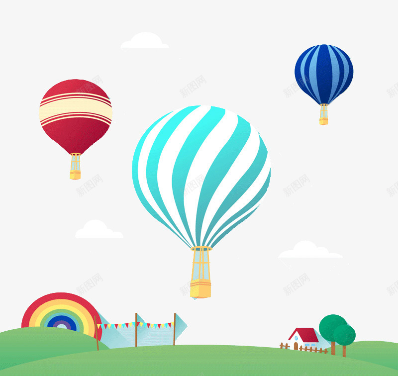 热气球插画png免抠素材_88icon https://88icon.com 云朵 彩虹 房屋 树木 热气球 草地 郊外
