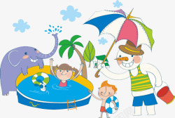 小孩骑大象两个小孩游泳卡通高清图片