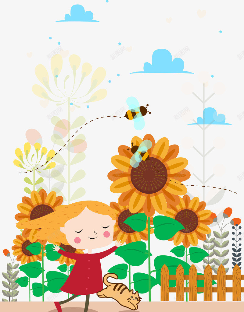 可爱的小女孩矢量图ai免抠素材_88icon https://88icon.com 可爱的女孩 向日葵 植物 花朵 蓝天白云 蜜蜂 矢量图