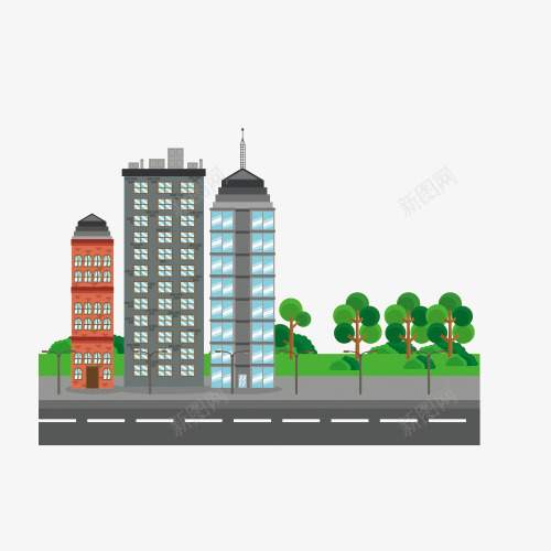 城市建筑png免抠素材_88icon https://88icon.com 城市建筑 小树 平面素材 房子 手绘房子 马路 高楼大厦