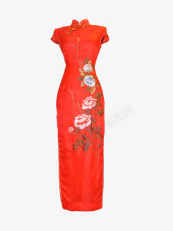 红色手绘中国风旗袍素材