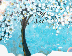 油画创意合成蓝色的花卉树木素材
