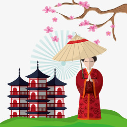 樱花树打着伞的女人卡通素材
