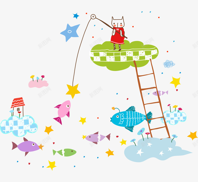 小猫钓鱼png免抠素材_88icon https://88icon.com EPS 云朵 儿童画 卡通 小猫 小猫钓鱼 房子 插画 星星 鱼