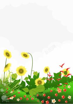 卡通手绘花朵向日葵草丛白云素材
