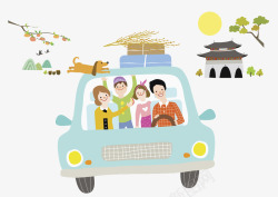 手绘小汽车旅游中的一家人高清图片