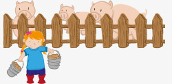 卡通农场养猪的小女孩素材