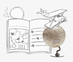 手绘简洁线稿书本飞机地球仪素材