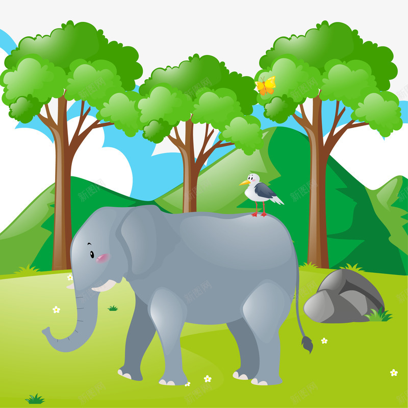 森林里的大象矢量图eps免抠素材_88icon https://88icon.com 大象 小鸟 树木 森林 白云 矢量图