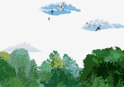卡通手绘绿色森林白云飞鸟素材