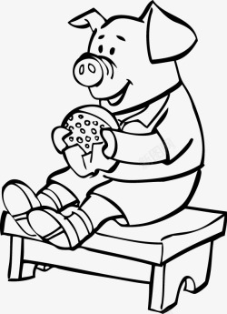 卡通手绘线条小猪吃东西素材