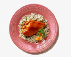简洁红色盘子鸡肉米饭料理俯视免素材