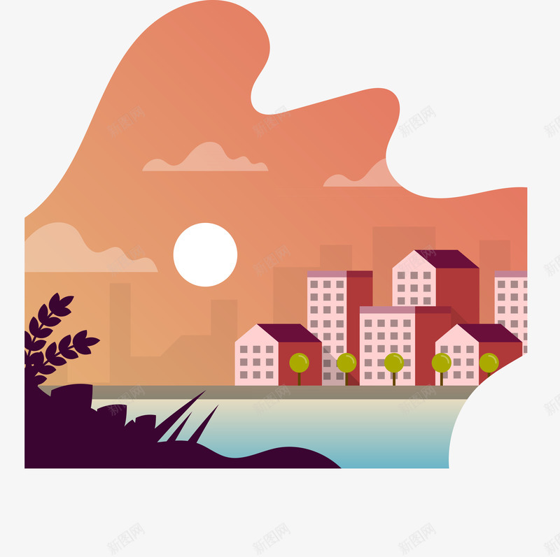 创意城市夜景扁平化矢量图ai免抠素材_88icon https://88icon.com 创意 城市 夜景 大厦 扁平化 月亮 高楼 矢量图