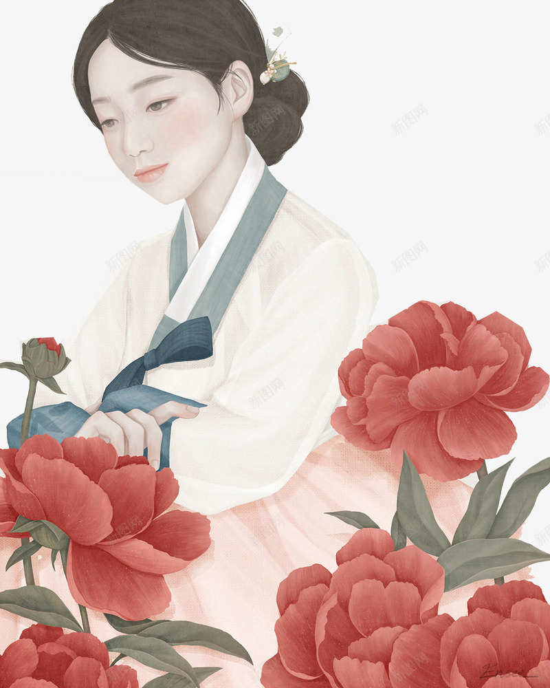 韩系古代美女手绘图png免抠素材_88icon https://88icon.com 唯美淡雅 女孩 女生 平面 手绘 清纯女孩 牡丹花 韩国 韩系