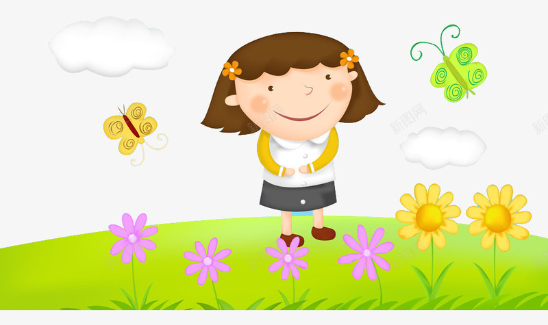 草地上的小女孩png免抠素材_88icon https://88icon.com 七彩小花 卡通 可爱 绿地白云
