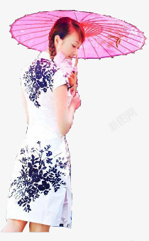 白色连衣裙美女打伞素材