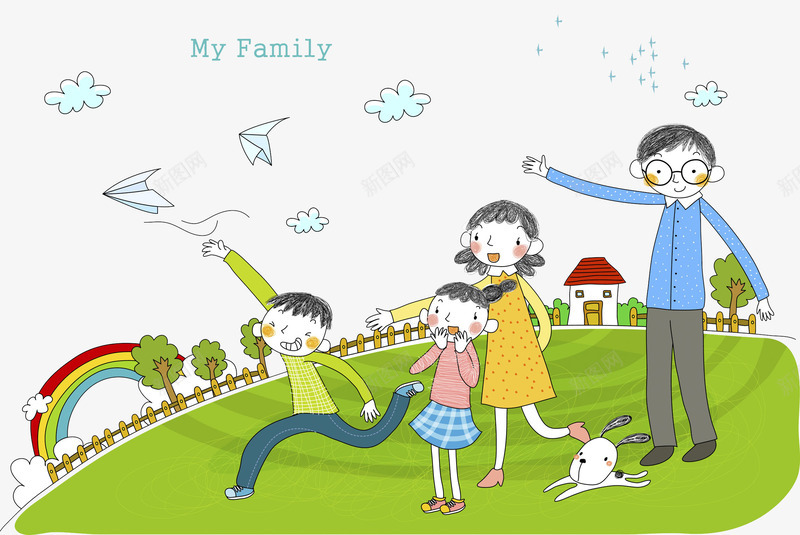 在草坪上游玩的一家人png免抠素材_88icon https://88icon.com 一家人 卡通 彩色 彩虹 手绘 白云 纸飞机 绿色 美好