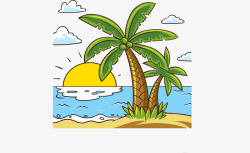 彩绘棕榈树大海风景矢量图素材