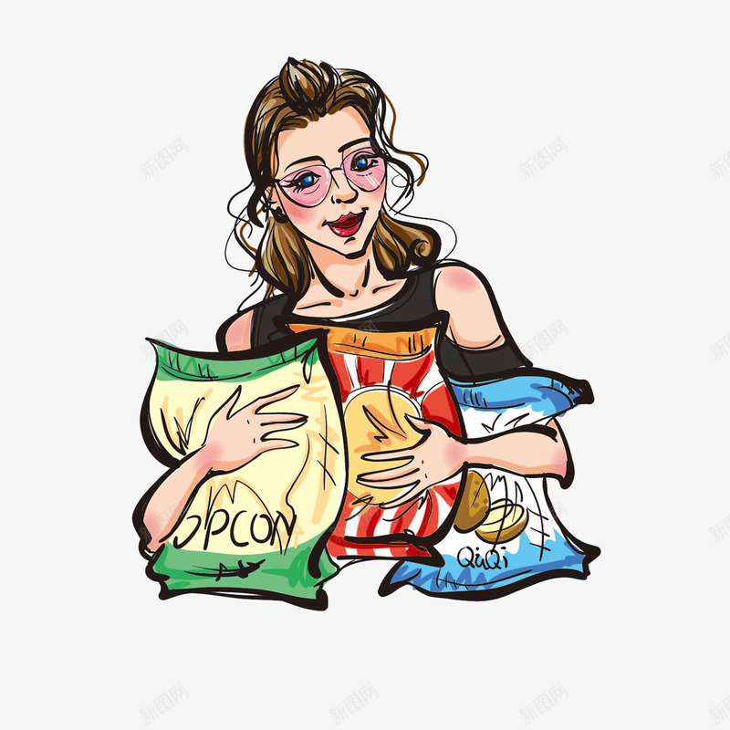 手绘美女抱着零食袋png免抠素材_88icon https://88icon.com 吃薯片 手绘 插画 眼镜美女 美女 薯片袋 零食