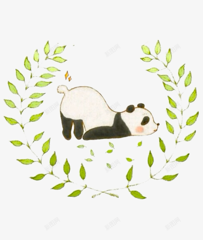 叶子花环与熊猫png免抠素材_88icon https://88icon.com 可爱 叶子 手绘 熊猫 白色的 绿色的 花环 黑色