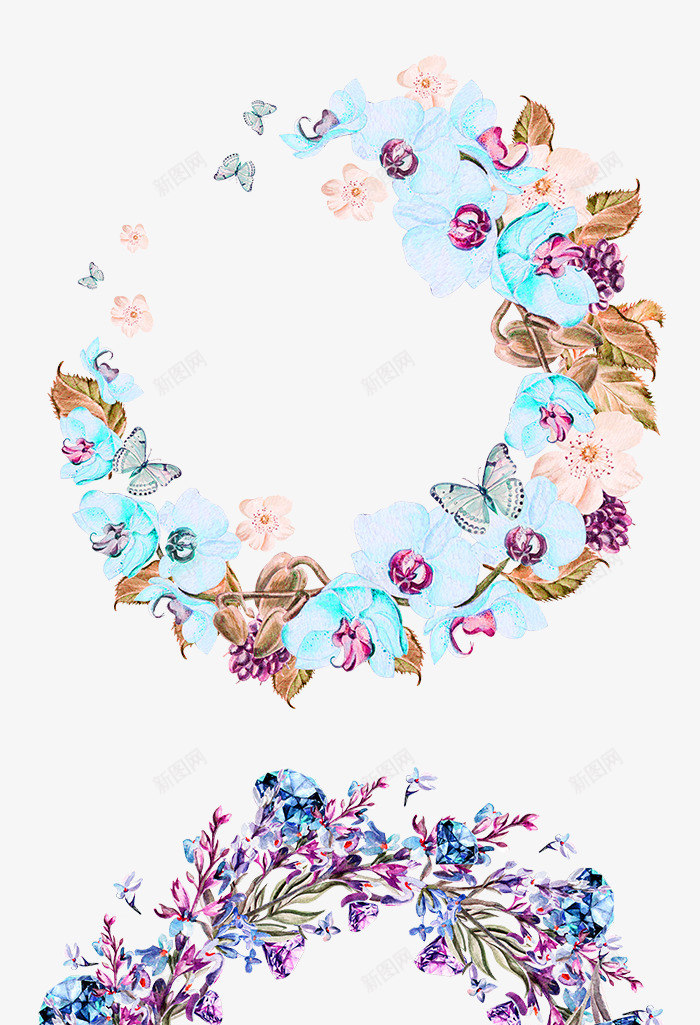 蓝色小清新手绘花环装饰图案png免抠素材_88icon https://88icon.com 免抠PNG 唯美 小清新 手绘 花朵 花环 蓝色 蝴蝶飞舞 装饰图案