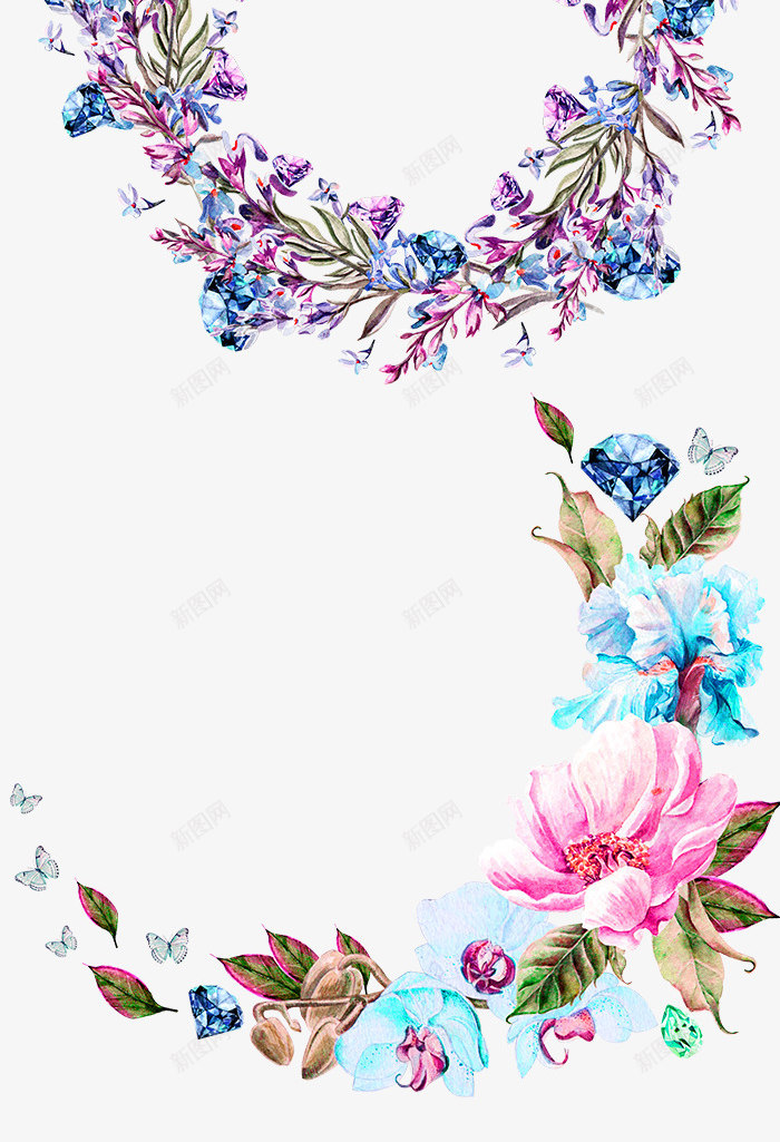 蓝色小清新手绘花环装饰图案png免抠素材_88icon https://88icon.com 免抠PNG 唯美 小清新 手绘 花朵 花环 蓝色 蝴蝶飞舞 装饰图案