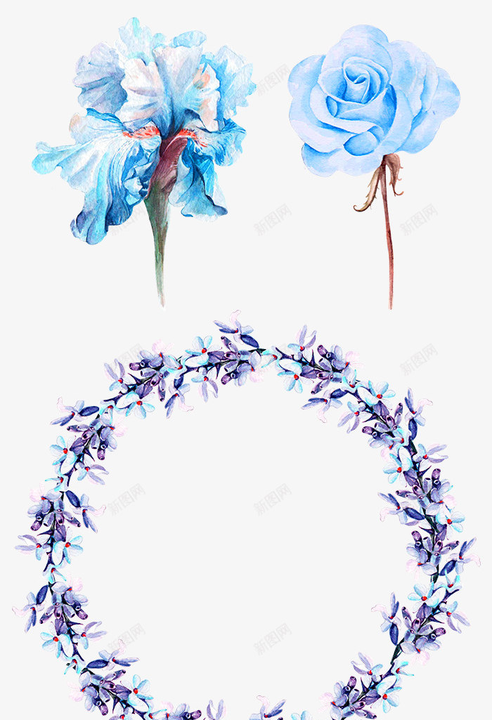 蓝色小清新手绘花环装饰图案png免抠素材_88icon https://88icon.com 免抠PNG 唯美 小清新 手绘 花朵 花环 蓝色 蝴蝶飞舞 装饰图案