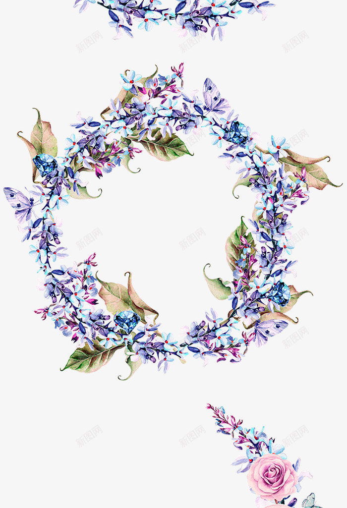 蓝色小清新手绘花环装饰图案png免抠素材_88icon https://88icon.com 免抠PNG 唯美 小清新 手绘 花朵 花环 蓝色 蝴蝶飞舞 装饰图案