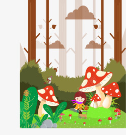 红色的蘑菇彩绘树林里的女孩矢量图高清图片