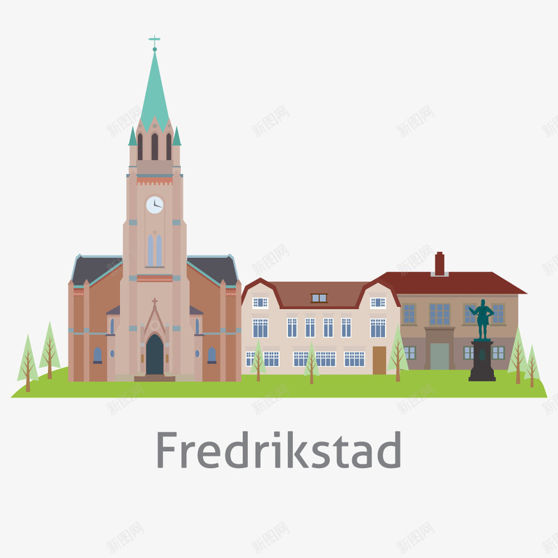 Fredrikstad挪威卡通城市建筑矢量图ai免抠素材_88icon https://88icon.com 建筑 扁平化 草地 矢量图