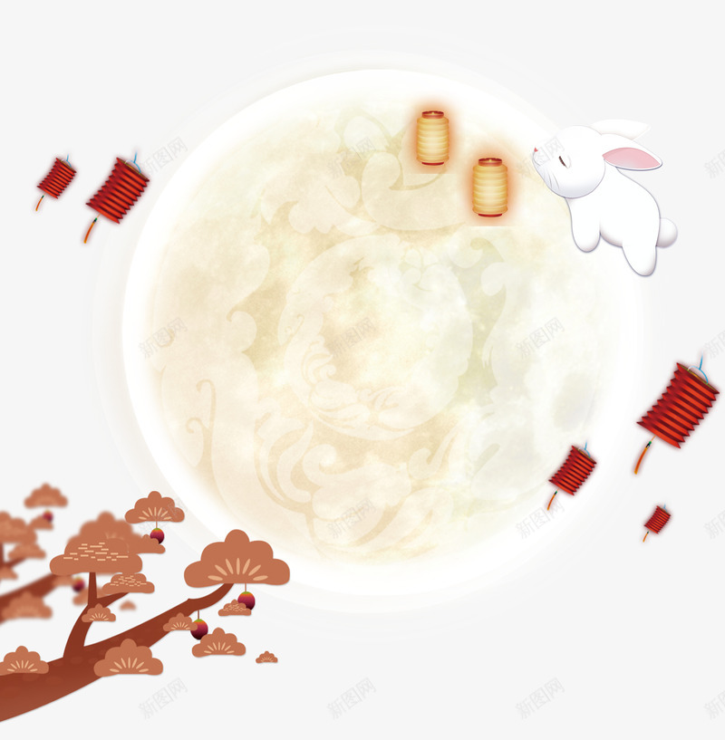 中秋节装饰图案png免抠素材_88icon https://88icon.com 中秋 中秋节 兔子 月亮 月球 树枝 灯笼 玉兔 节庆 节日