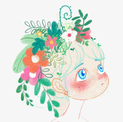 头戴花环的女孩绿色插画素材