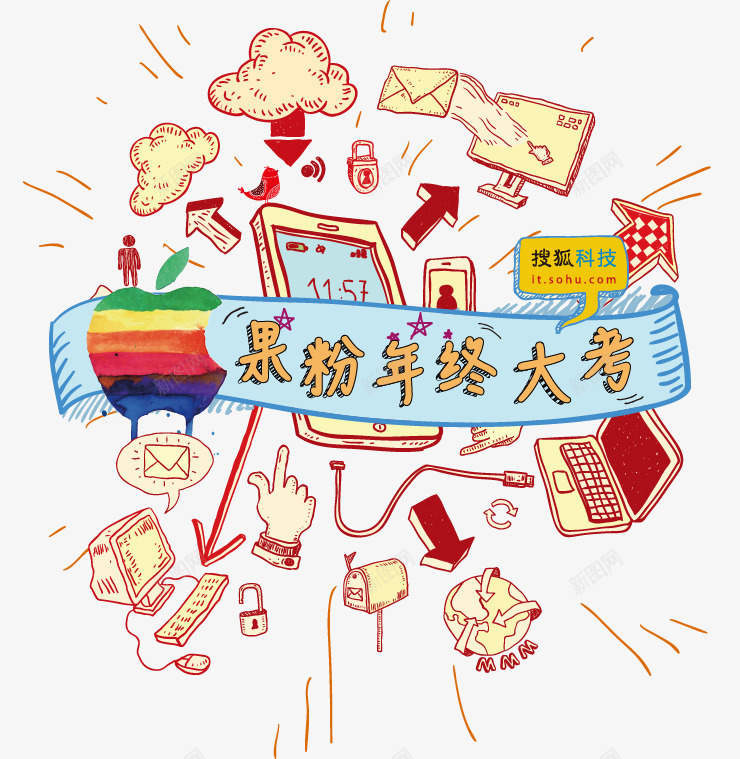 果粉年终大考png免抠素材_88icon https://88icon.com 人物 手势 果粉 白云 箭头 苹果