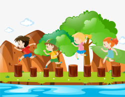 小河风景孩子们在树桩上玩矢量图高清图片