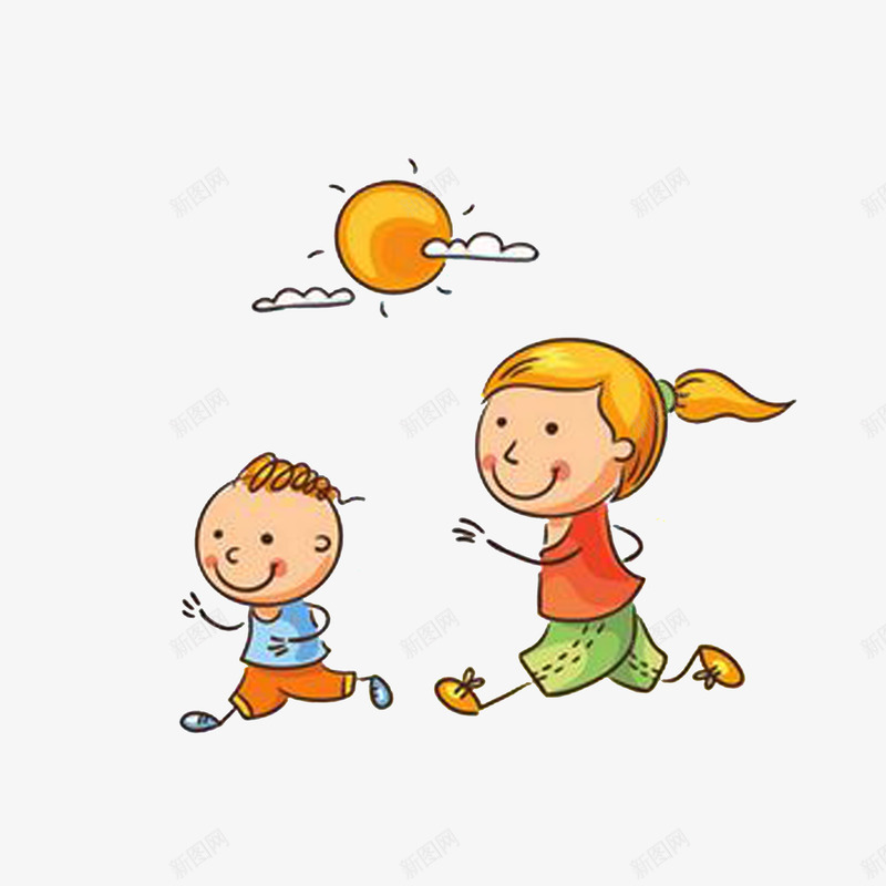 跑步的两姐弟png免抠素材_88icon https://88icon.com 健康运动 太阳 插画 跑步的两姐弟 跑着的人