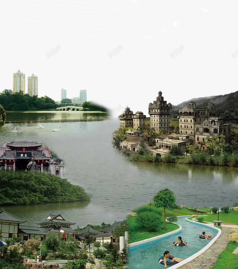 侨乡城市psd免抠素材_88icon https://88icon.com 传统文化 建筑物 开平 水岸