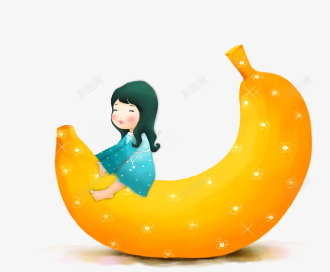 坐在香蕉上的女孩png免抠素材_88icon https://88icon.com 创意 卡通 女孩 水果 金色的 闪闪星光 香蕉