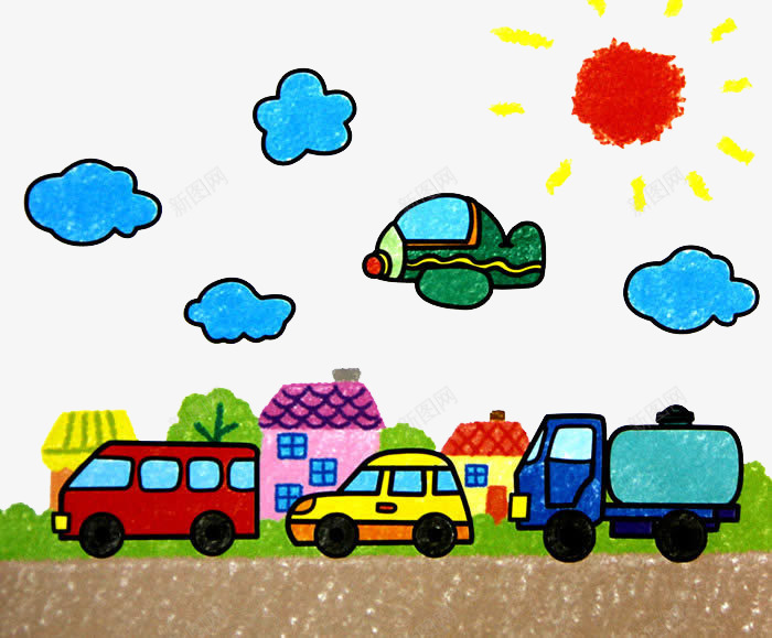 卡通手绘公路上行驶的汽车png免抠素材_88icon https://88icon.com 云朵 卡通 小孩子画画 小朋友画画 彩色 手绘 汽车 绘画 飞机