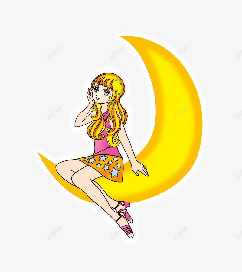 坐在月亮上的美女psd免抠素材_88icon https://88icon.com 月亮 美少女 黄色月亮