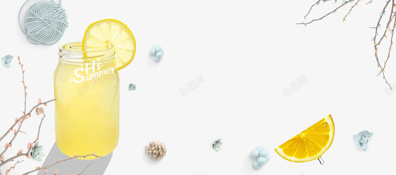 清新夏季柠檬茶海报bannerpsd免抠素材_88icon https://88icon.com banner 夏季 果汁 柠檬 树枝 海报