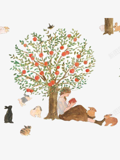 在苹果树下看书的女孩png免抠素材_88icon https://88icon.com Q版苹果树 人物 动物 果实 树枝