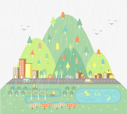 卡通手绘下雨的城市素材