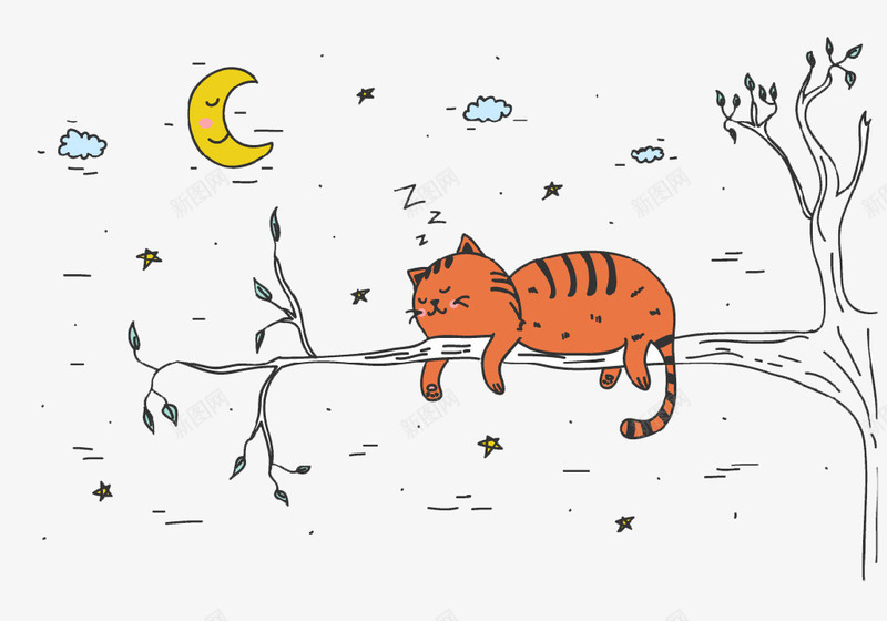 棕色加菲猫png免抠素材_88icon https://88icon.com 云朵 加菲猫 宠物 手绘 月亮 树叶 树干 树枝 睡觉