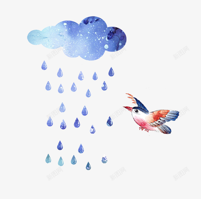 蓝色云朵飞翔的鸟psd免抠素材_88icon https://88icon.com 下雨天 云朵 免抠小鸟 蓝色 雨滴 飞翔的鸟